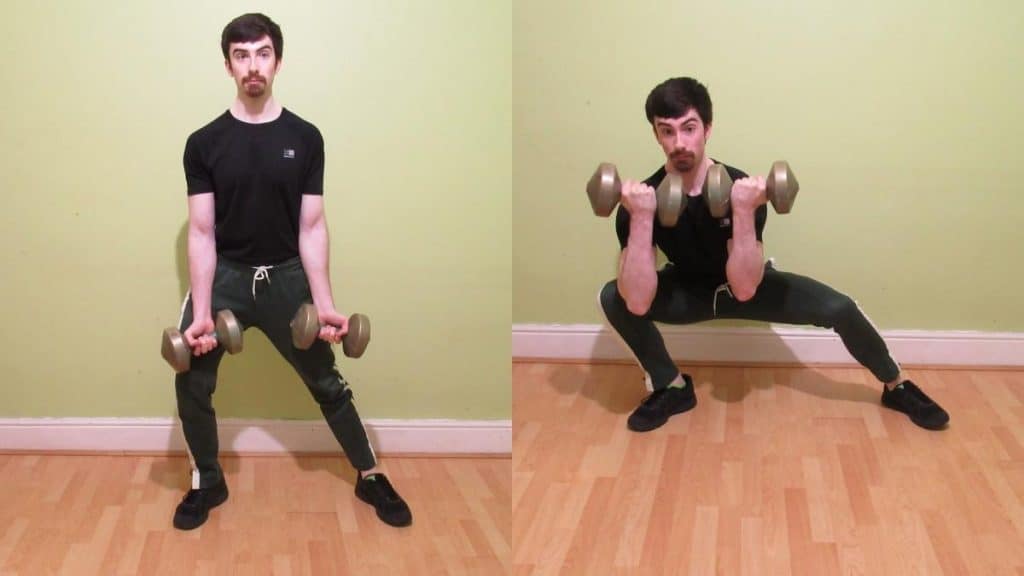 A man doing a side lunge with bicep curl