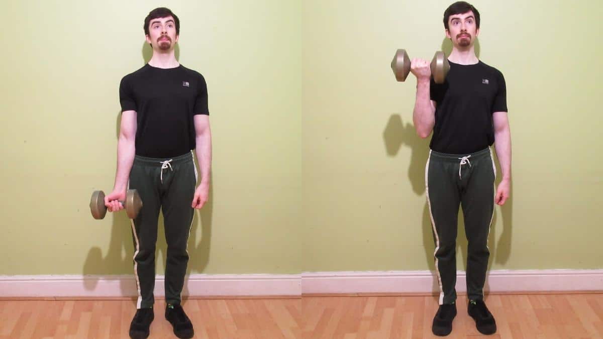 A man doing a single arm curl for his biceps with one dumbbell