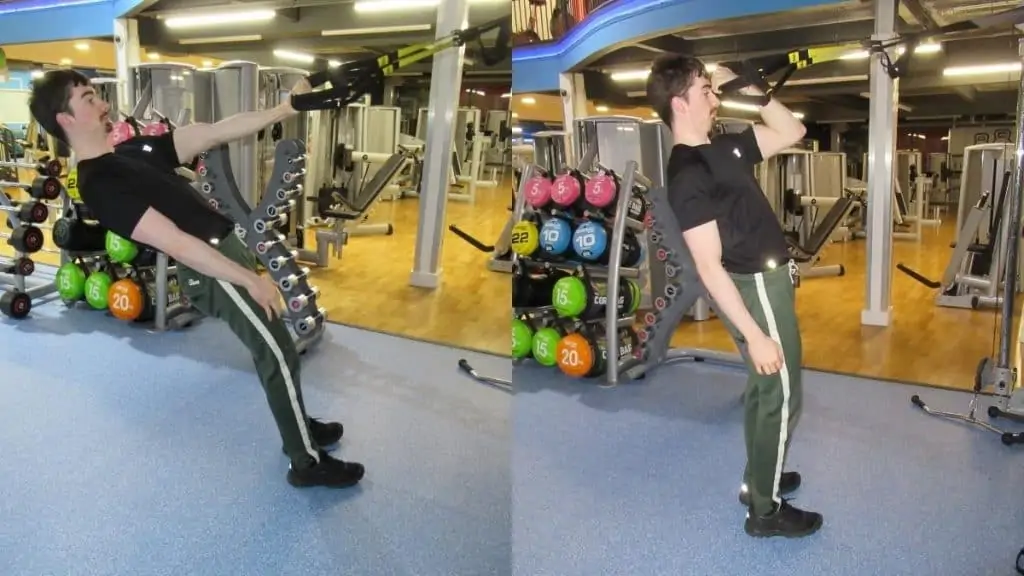 A man doing a single arm TRX bicep curl