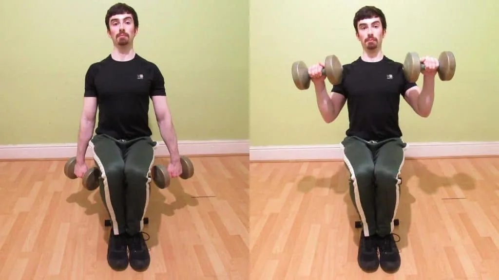 A man performing sitting reverse dumbbell curls