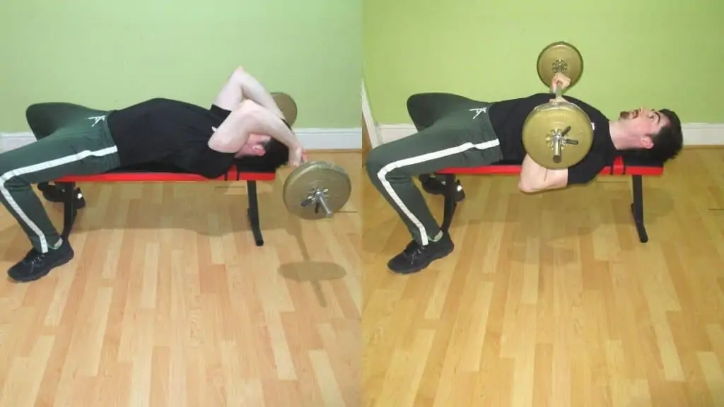 A man doing a skull crusher to close grip bench press