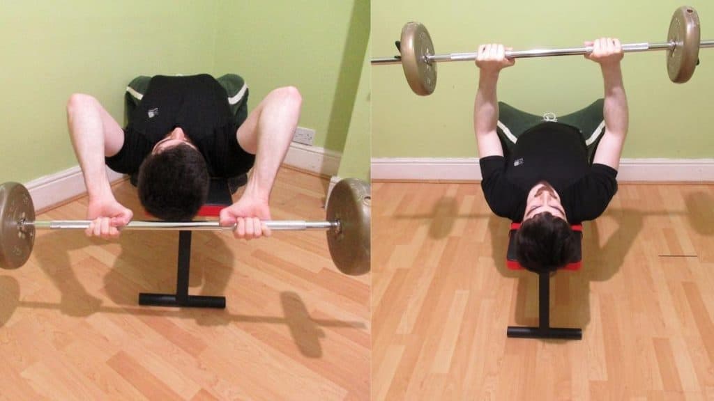 A man comparing a skull crusher and a close grip bench press