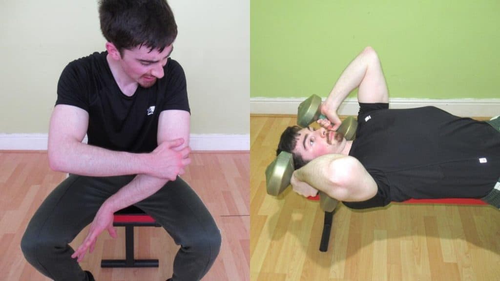 A man performing a skull crusher vs French press comparison