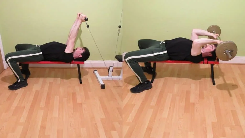 A man performing a skull crusher with cables