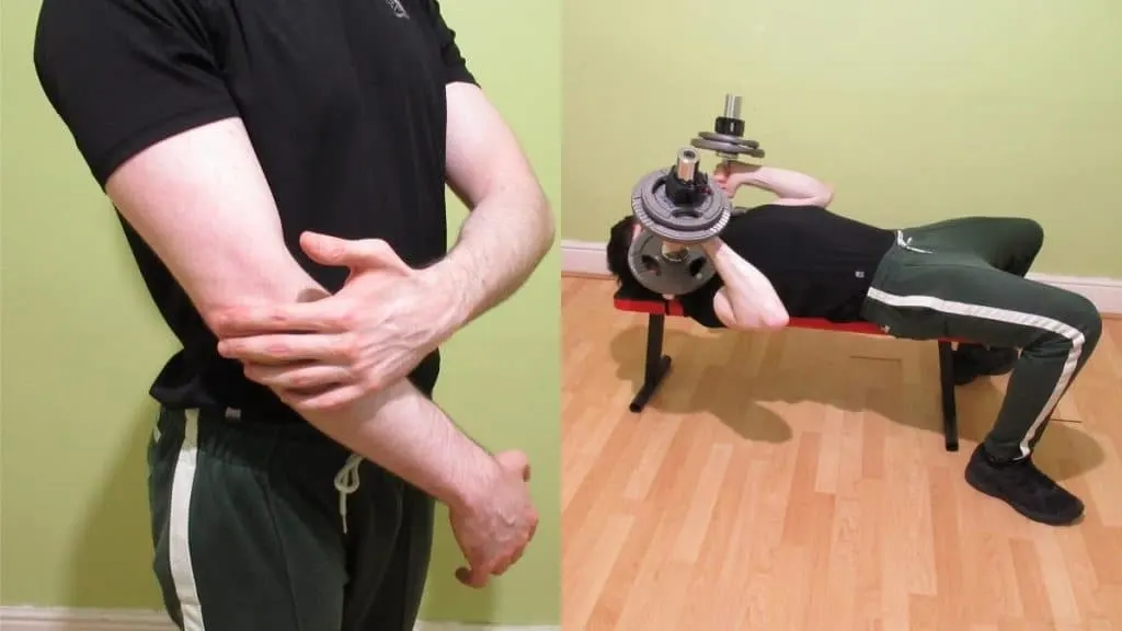 A man showing how skull crushers can hurt your elbow