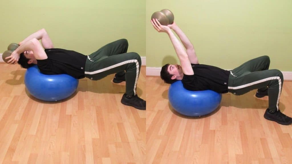A man performing skull crushers on a stability ball