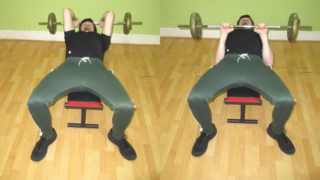 A man doing skull crushers superset with narrow grip press