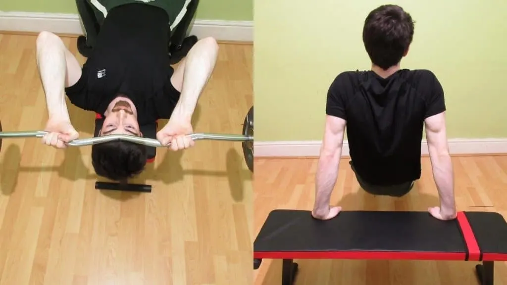 A man performing a skull crushers vs dips comparison