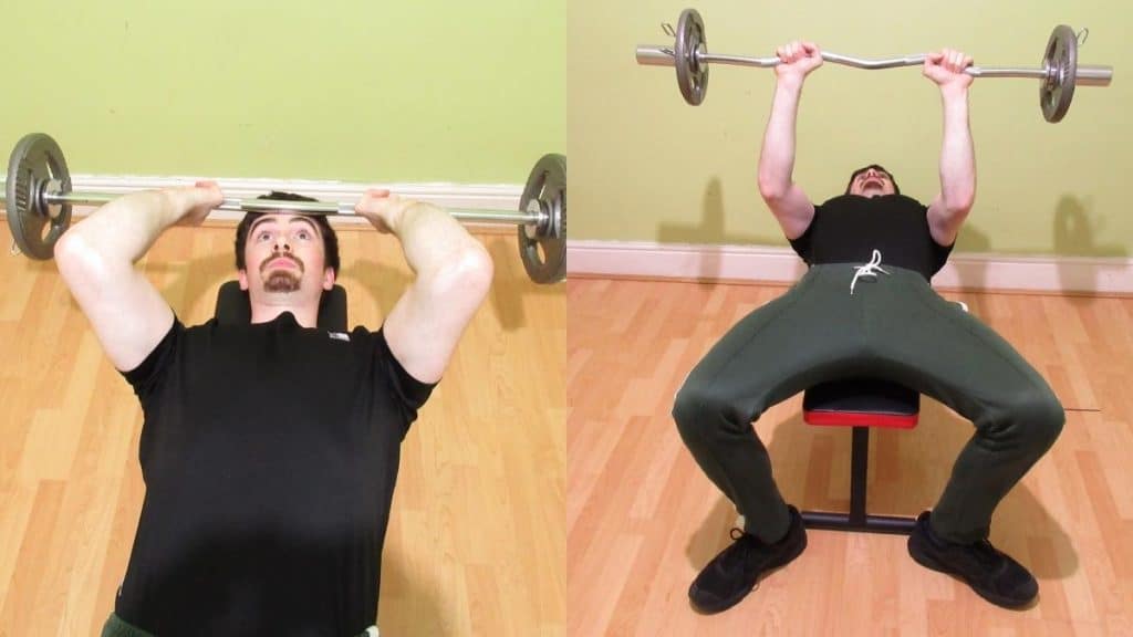 A man doing a skullcrushers vs close grip bench press comparison to show the differences