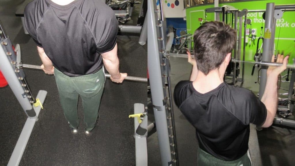 A man doing a Smith machine curl throw for his biceps
