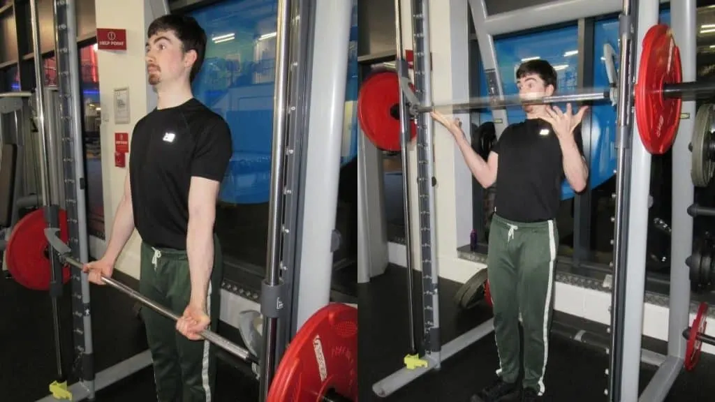 A man doing Smith machine curl throws for his biceps