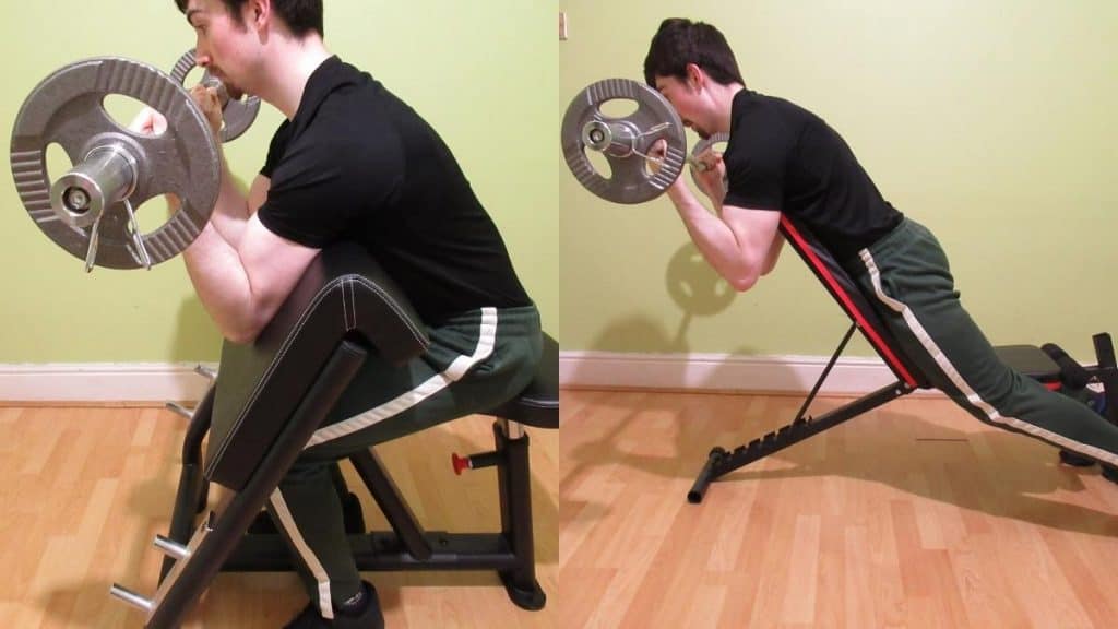 A man demonstrating that you can do a spider curl or preacher curl to build muscle