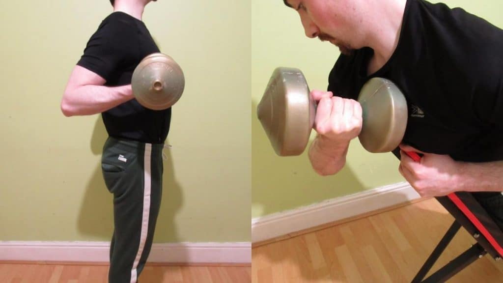 A man performing a side by side spider curl vs drag curl comparison