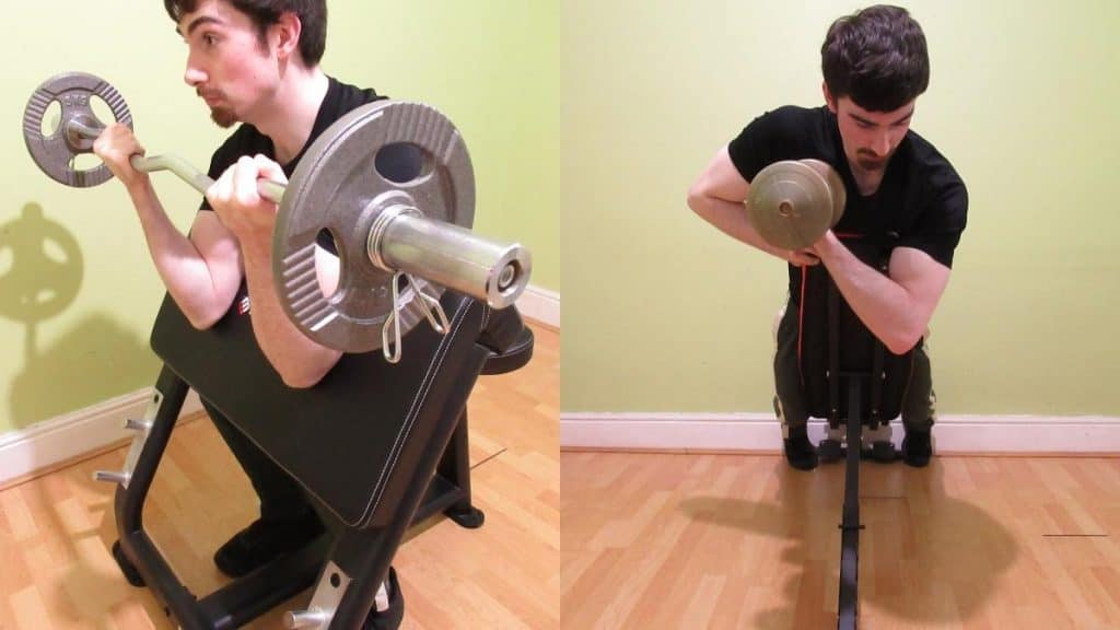 A man showing that you can do spider curls or preacher curls to work your biceps