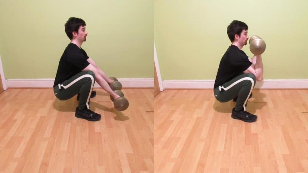 A man doing a squat curl to work his biceps