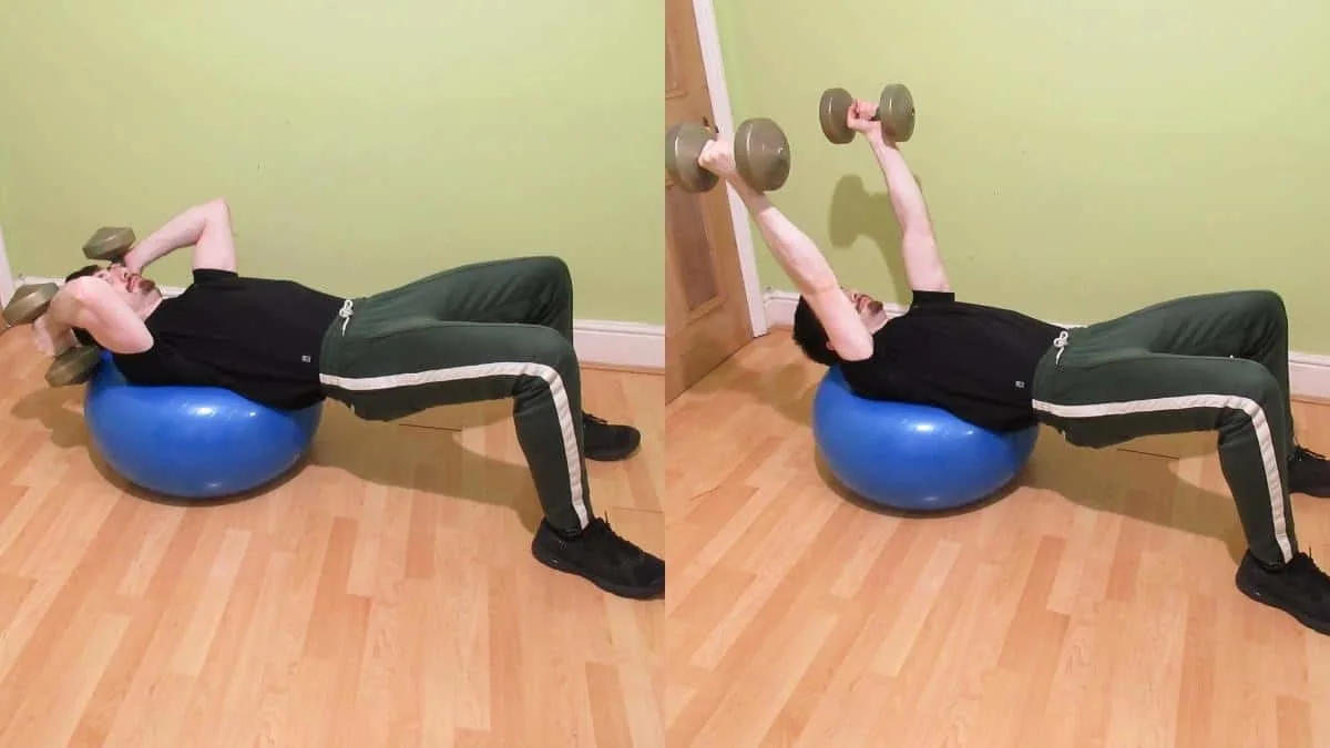 A man doing dumbbell stability ball skull crushers for his triceps