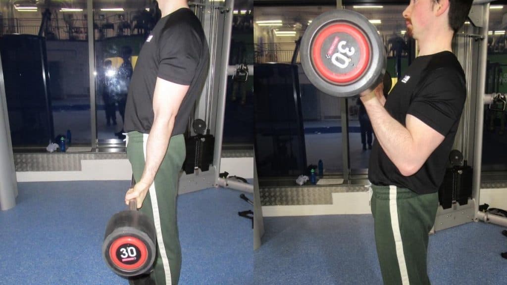 A man doing a standing barbell bicep curl with good form