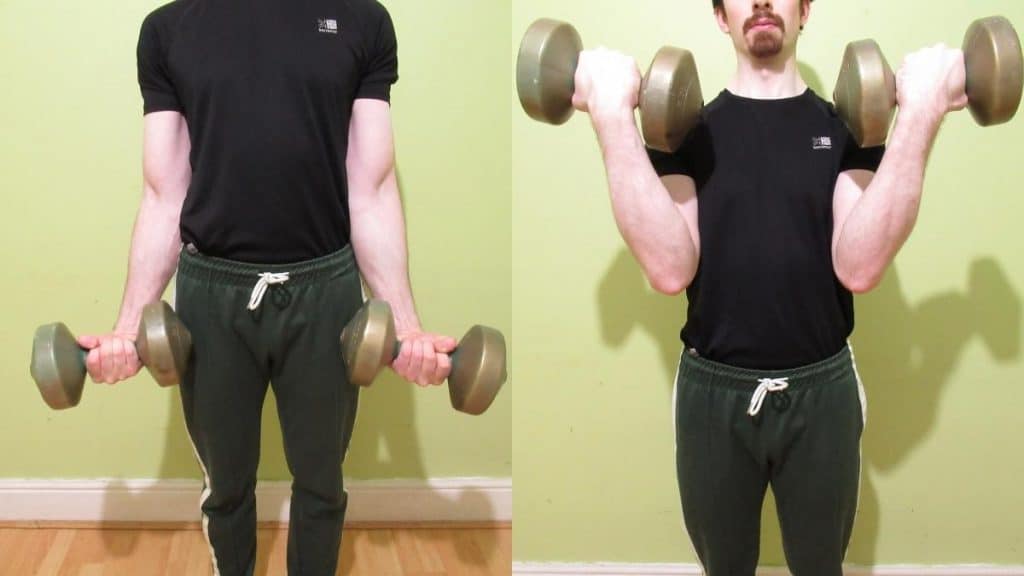 A man performing a standing bicep curl with dumbbells