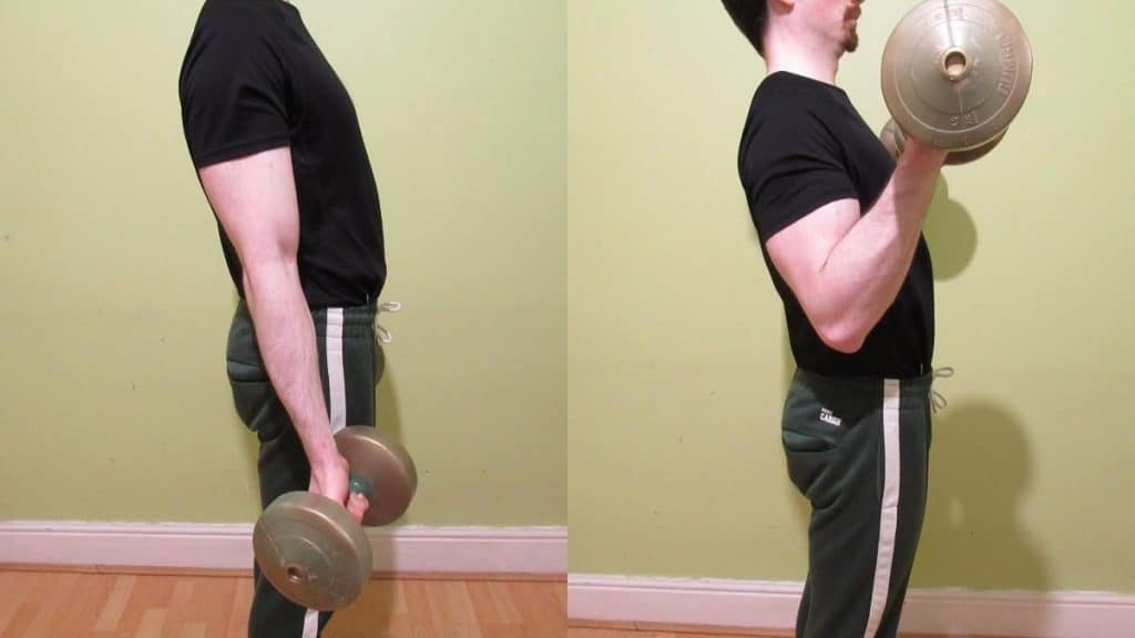 A man performing a standing dumbbell curl to work his biceps