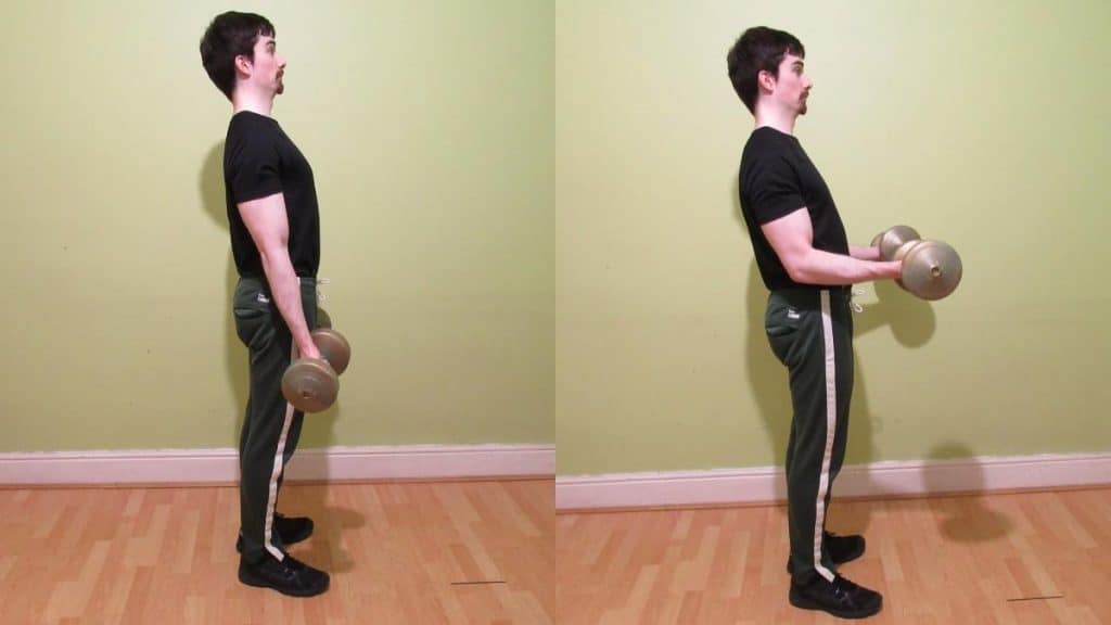 A man doing some standing dumbbell curls for his biceps