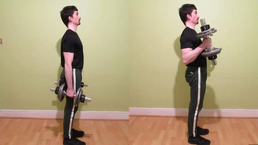 A man doing a standing dumbbell hammer curl