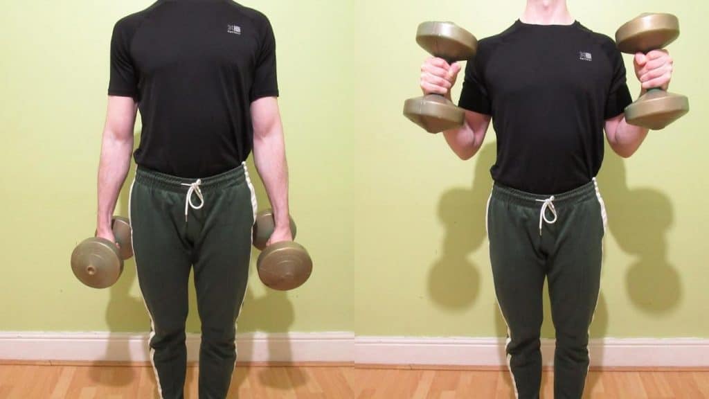 A man performing standing dumbbell hammer curls