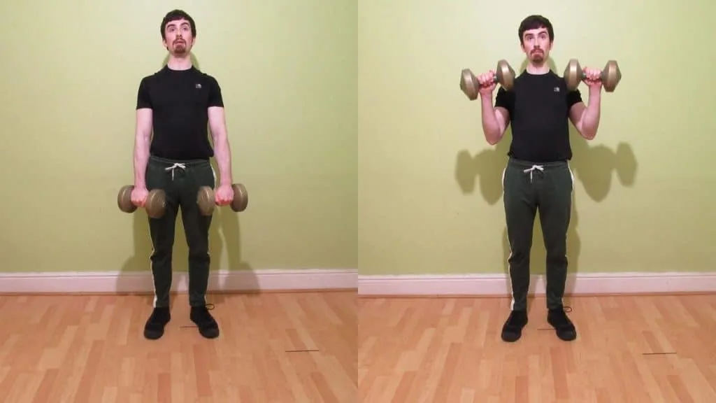 A man doing a standing dumbbell reverse curl