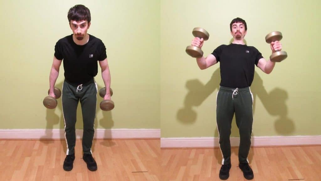 A man making a common standing hammer curls mistake: swinging the dumbbells up