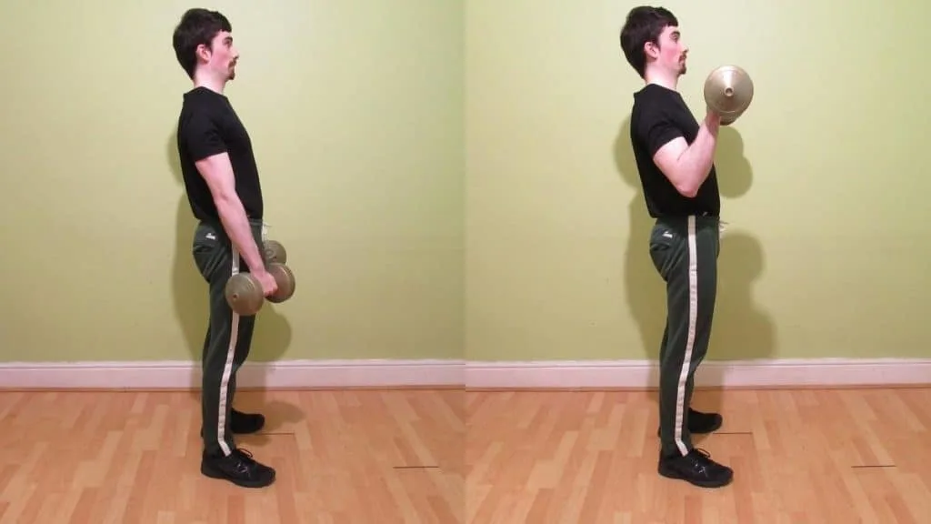 A man doing a standing reverse dumbbell curl