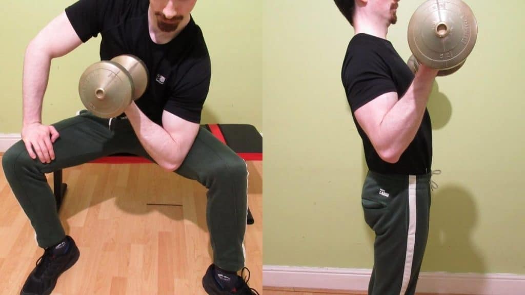 A man performing a side by side standing vs seated curls comparison