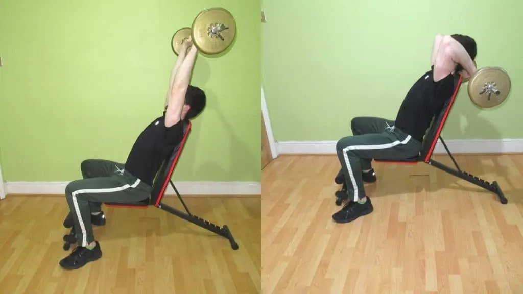 A man performing a straight bar overhead extension to work his triceps