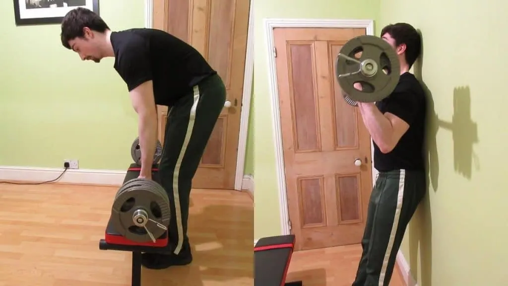 A man showing the proper strict curl rules: back, head, and glutes against the wall