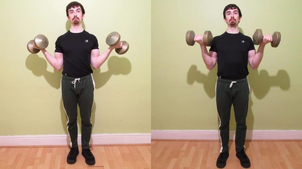 A man performing a supination curls vs regular curls comparison to show the differences
