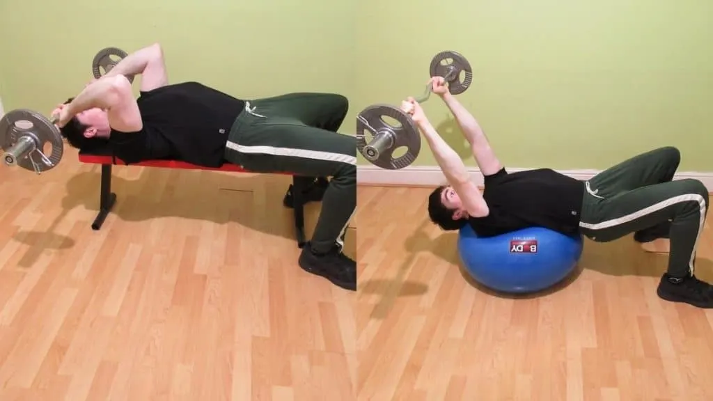 A man performing a Swiss ball skull crusher