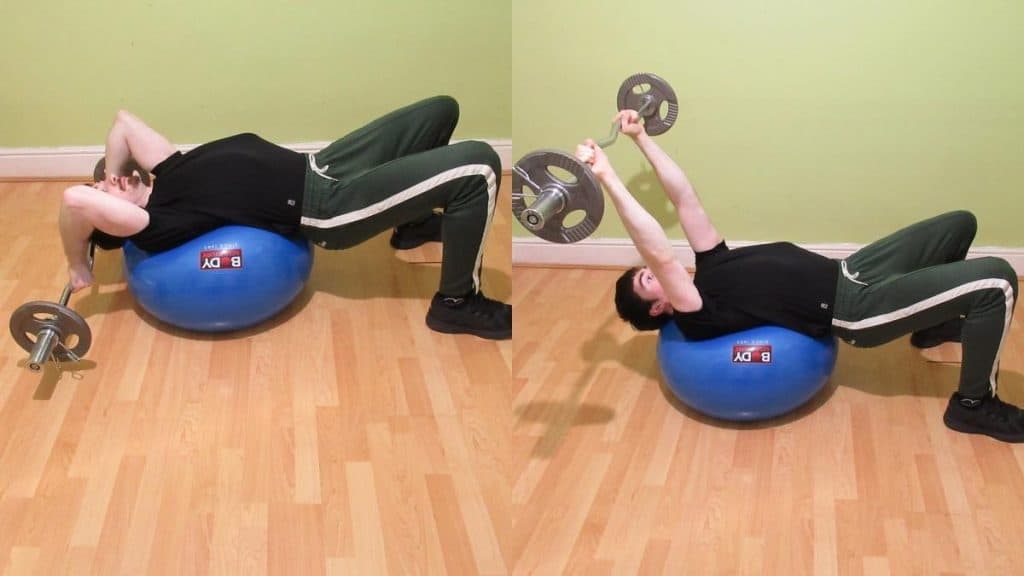A man performing a tricep extension on a stability ball with a bar