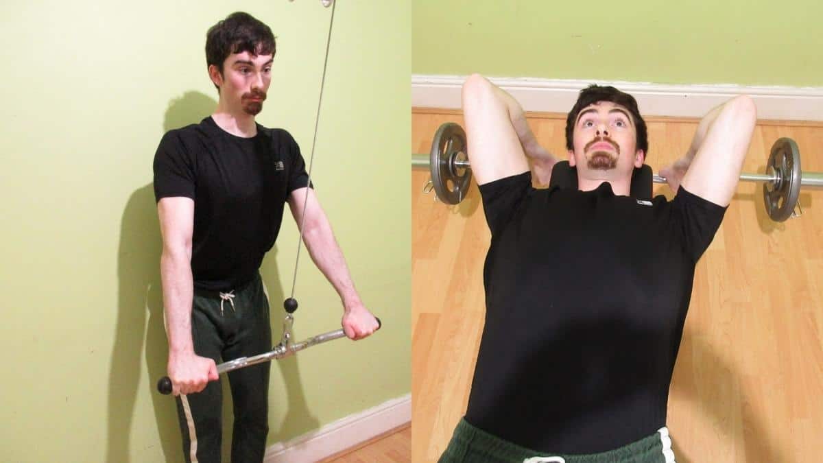 A man doing a tricep extension vs pushdown comparison to show the differences