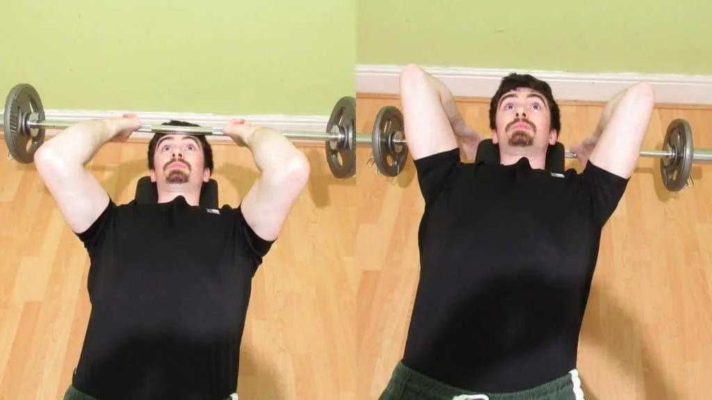 A man performing a tricep extension vs skull crusher comparison