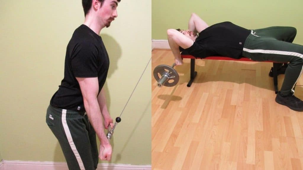 A man performing a tricep extensions vs pushdowns comparison