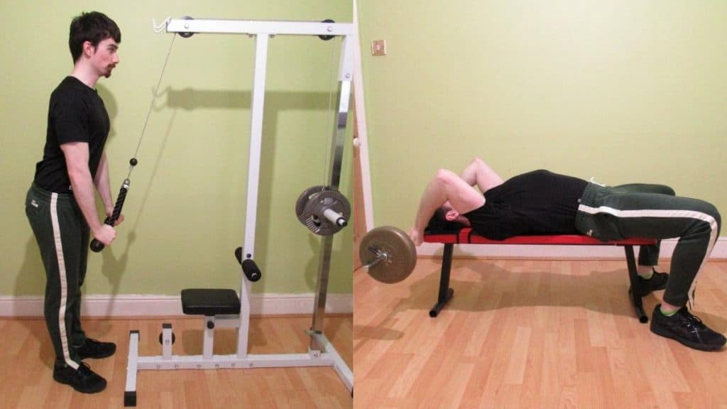 A man doing a tricep pushdown vs tricep extension comparison to show the differences