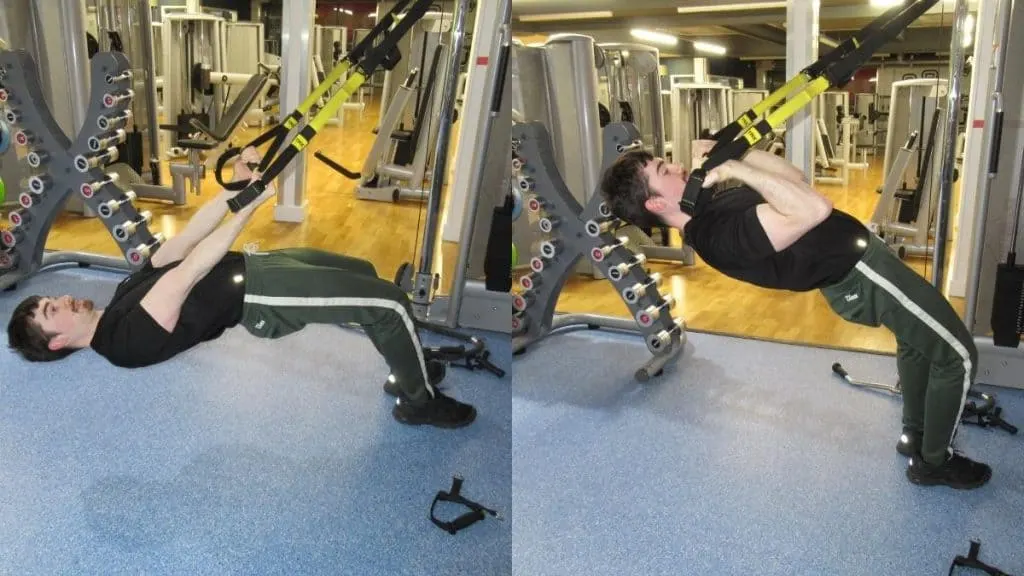 A man doing a TRX bodyweight curl for his biceps