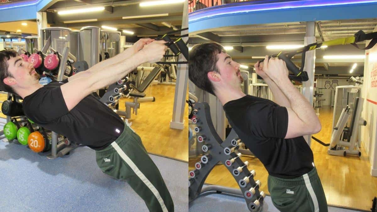 A man doing a TRX hammer curl on a suspention trainer