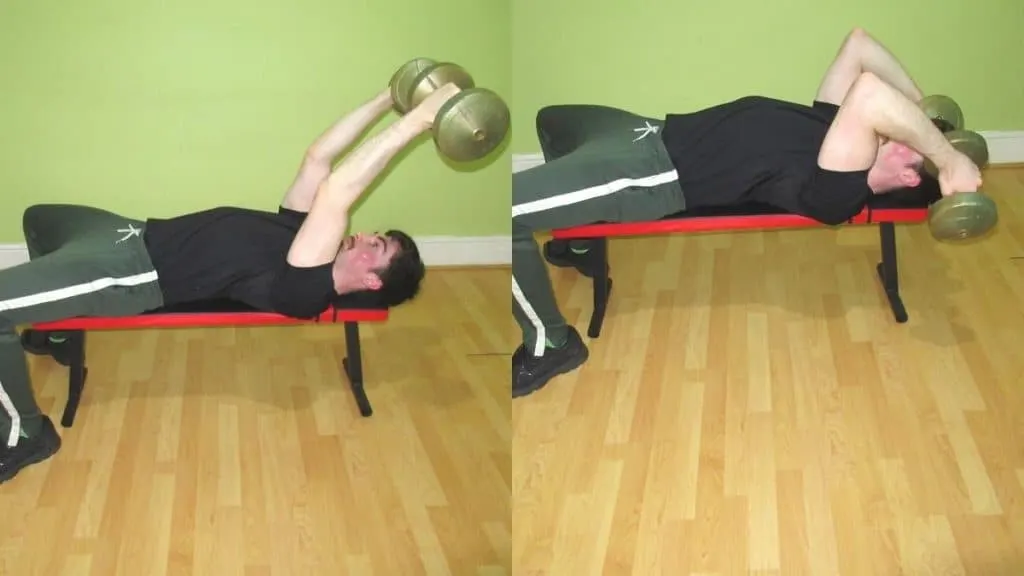 A man doing an underhand dumbbell skull crusher