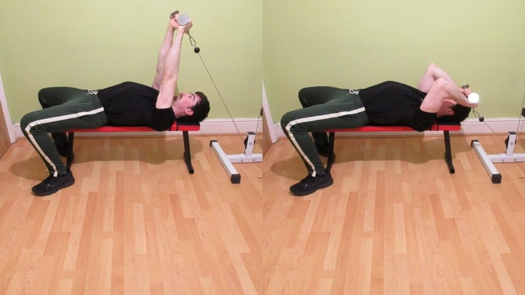 A man doing v bar cable lying triceps extensions