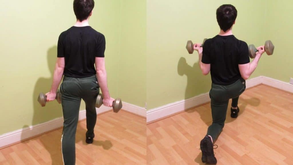 A man doing a walking lunge with bicep curl