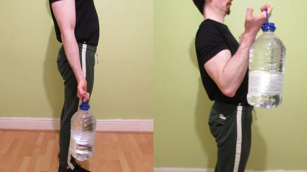 A man performing water bottle bicep curls at home