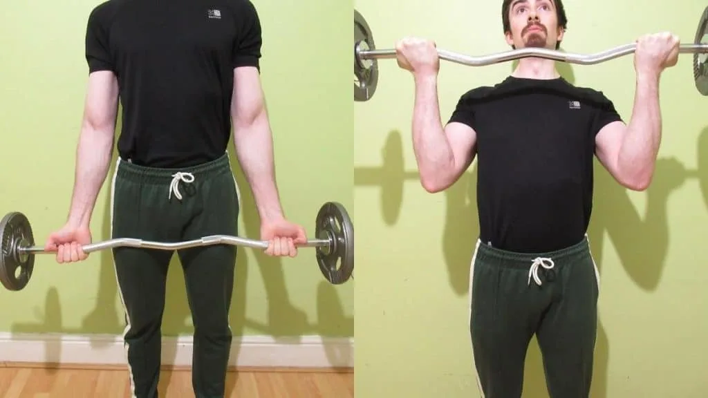 A man performing a wide grip EZ bar curl