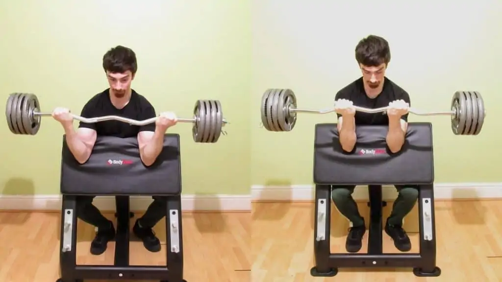 A man performing a wide grip vs close grip curls comparison