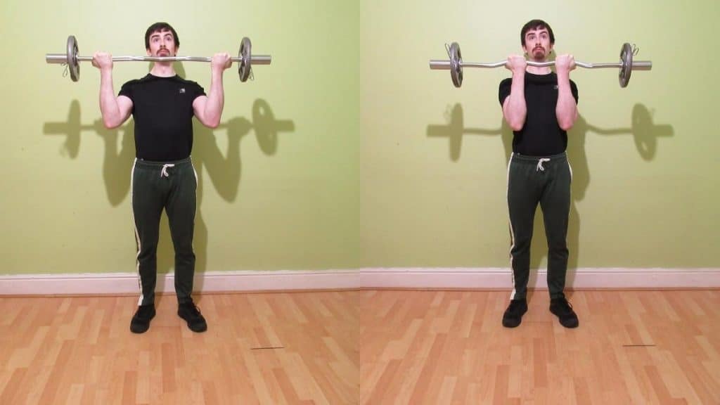 A man performing a wide grip vs close grip EZ bar curl comparison to show the differences