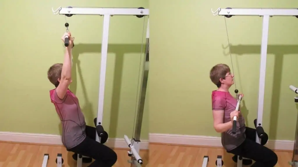 A woman performing a lat pulldown