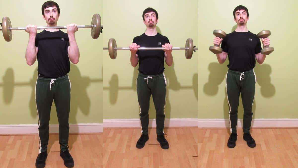 A weight lifter doing a Zottman curl vs hammer curl comparison to show the differences